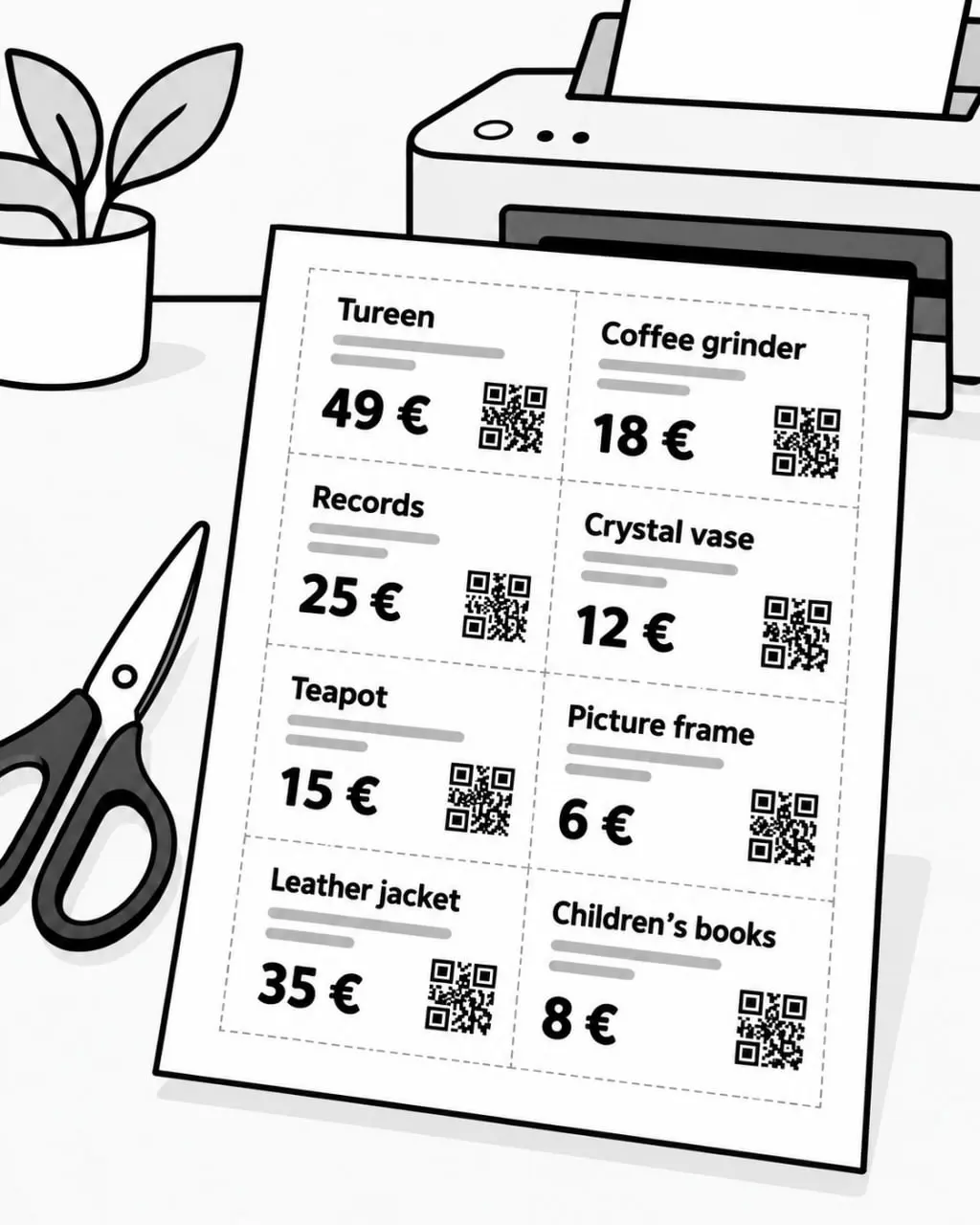 A printed A4 sheet with eight price tags with QR codes and cut lines, beside it a printer and scissors