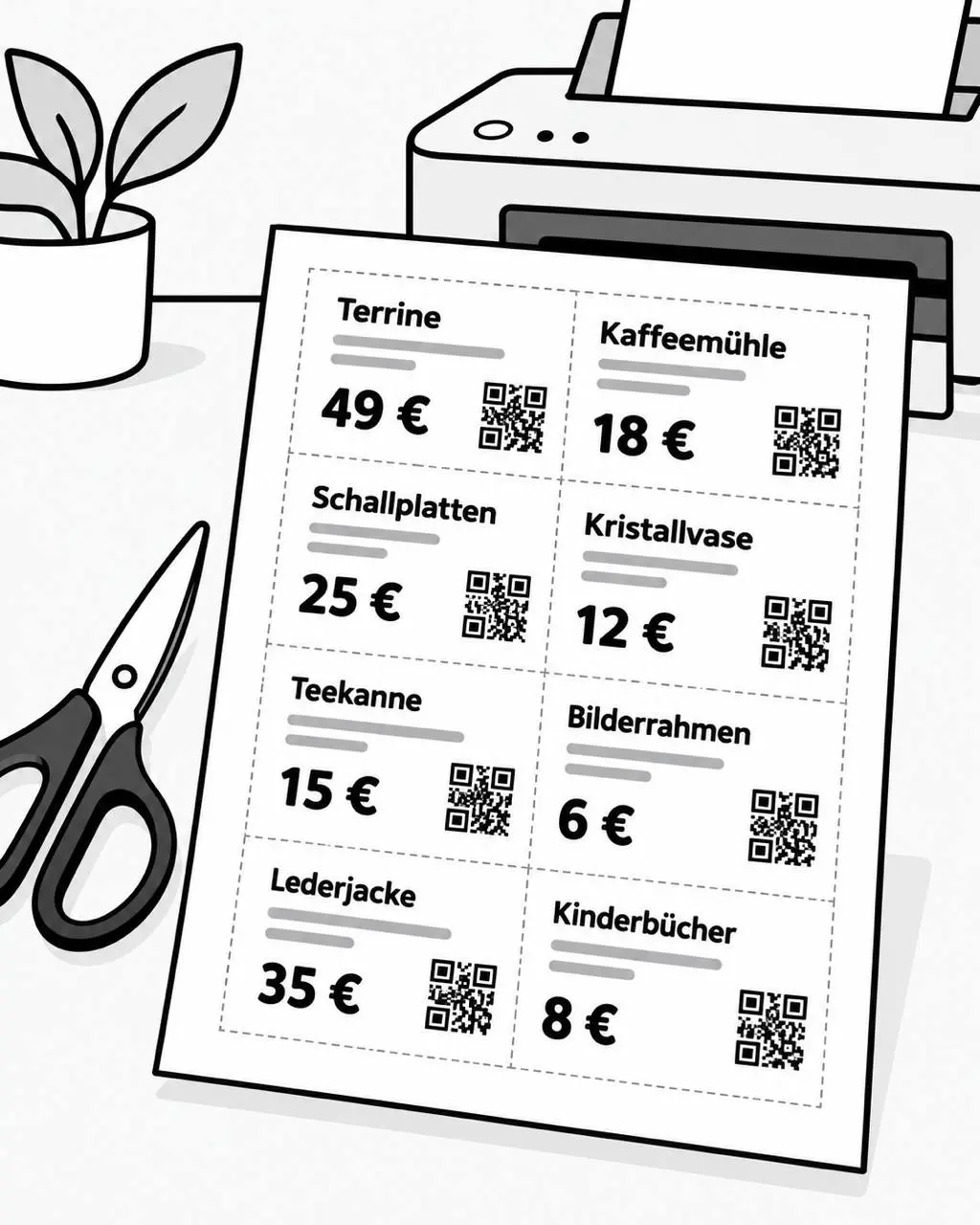 Ein ausgedrucktes A4-Blatt mit acht Preisschildern mit QR-Code und Schnittlinien, daneben Drucker und Schere